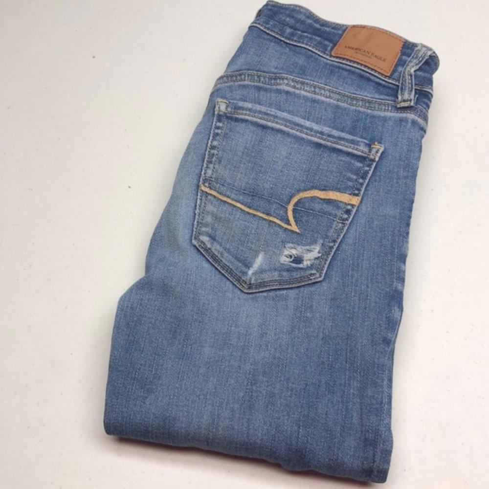 FACTORY DISTRESS AMERICAN EAGLE HI-RISE DENIM JEGGINGS 00/24x28 🦅